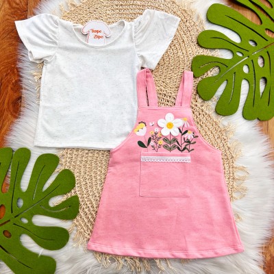 Conj. Blusa em Linho e Salopete com Flores - Rosa e Areia